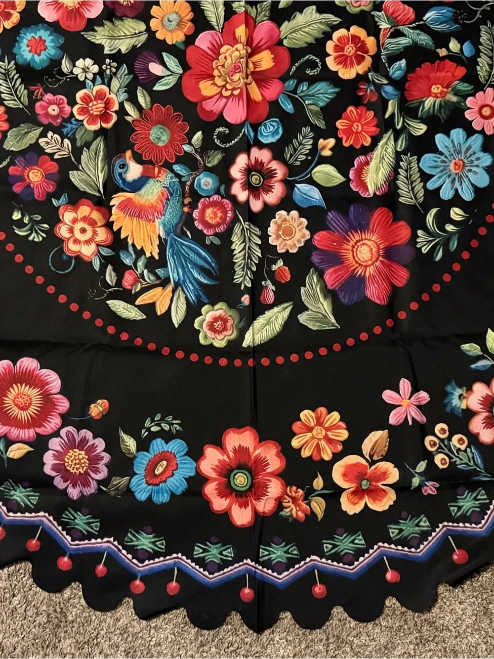 58”Round Black Floral Tablecloth with Multicolor Bloom Print